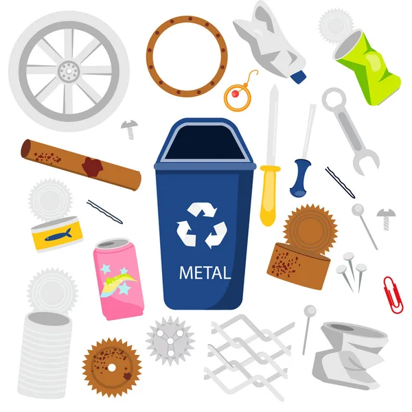 Ordenación de residuos. Residuos metálicos. Caños, herramientas y otros iconos de basura. — Vector de stock