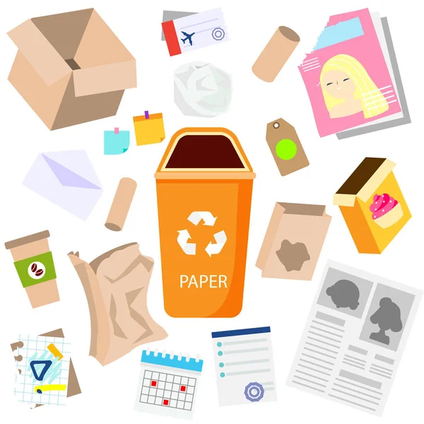Clasificación de residuos. Basura de papel. Cajas, periódicos y otros iconos de basura . — Vector de stock