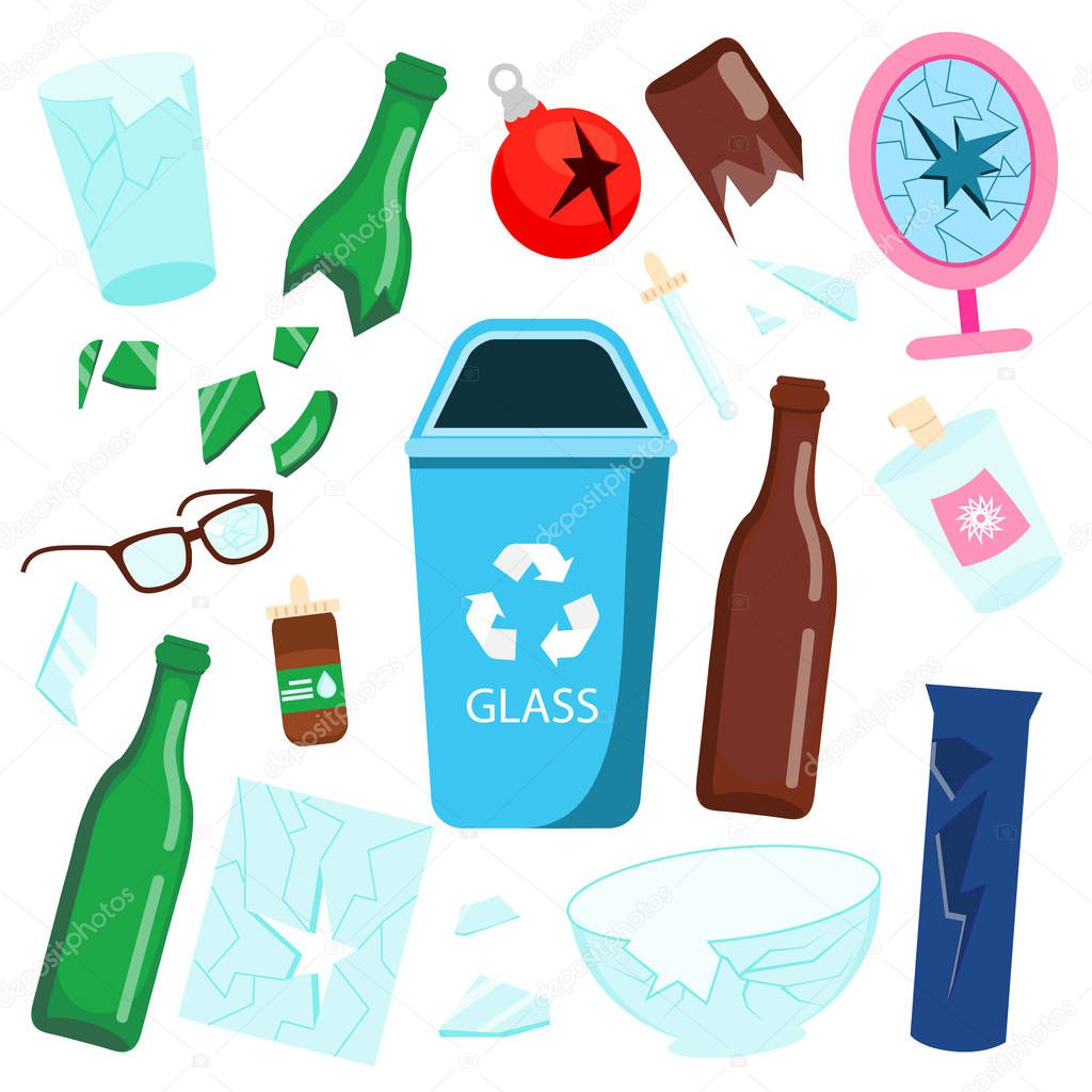 Waste sorting. Glass garbage. Bottles, mirror and other trash icons.