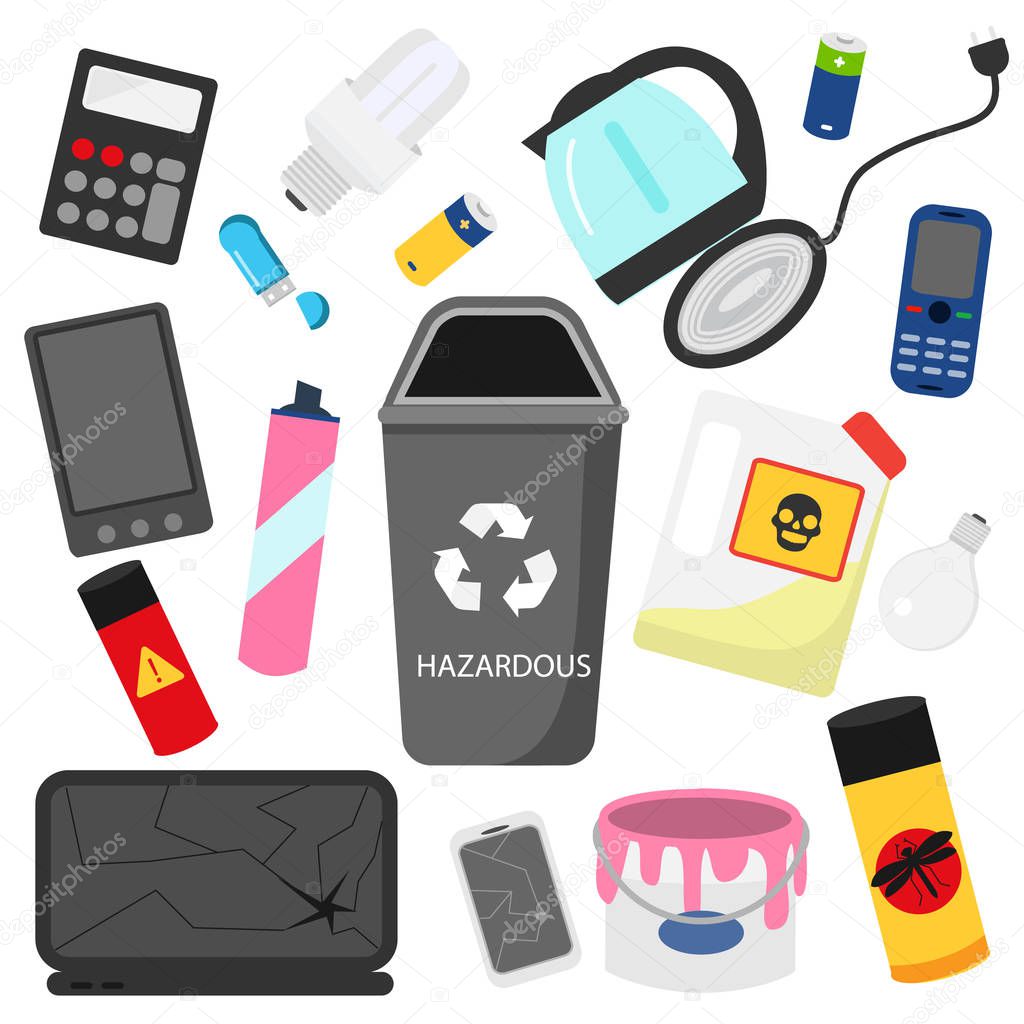 Waste sorting. Household hazardous garbage. e-waste, pesticides, batteries and other trash icons.