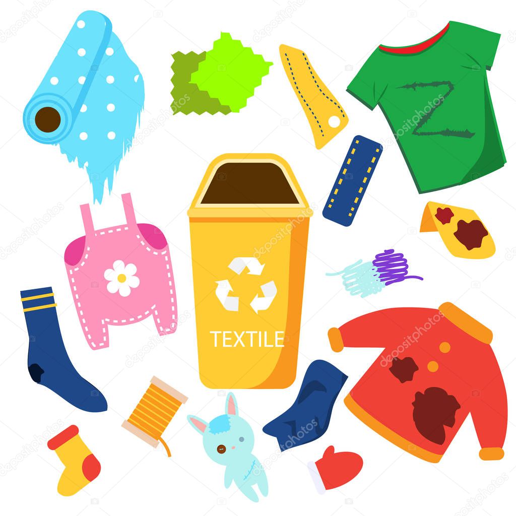 Waste sorting. Textile garbage. Clothes, toys and other trash icons.