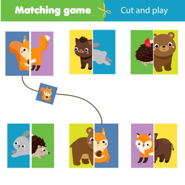 Eşleşen çocuklar eğitim oyunu. Orman hayvanlarının parçalarını eşleştirin. Çocuklar ve küçük çocuklar için simetri öğrenme