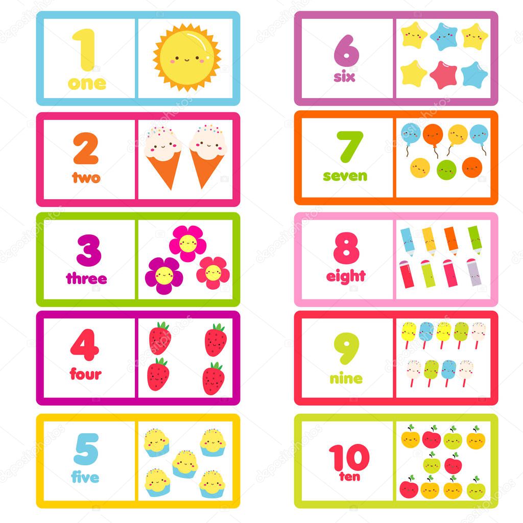 Count from one to ten. Cute characters and numbers. Educational learning card for children, kids, toddlers.