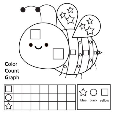 Renk, say ve grafik. Eğitici çocuklar oyunu. Renkli çizgi film arıları ve sayım şekilleri. Çocuklar ve yeni yürümeye başlayanlar için yazdırılabilir çalışma tablosu