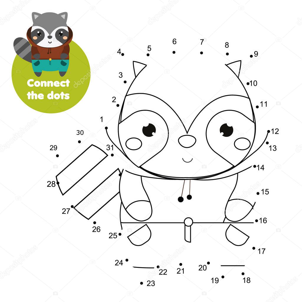 Connect the dots. Dot to dot by numbers activity for kids and toddlers. Children educational game. Cartoon raccoon