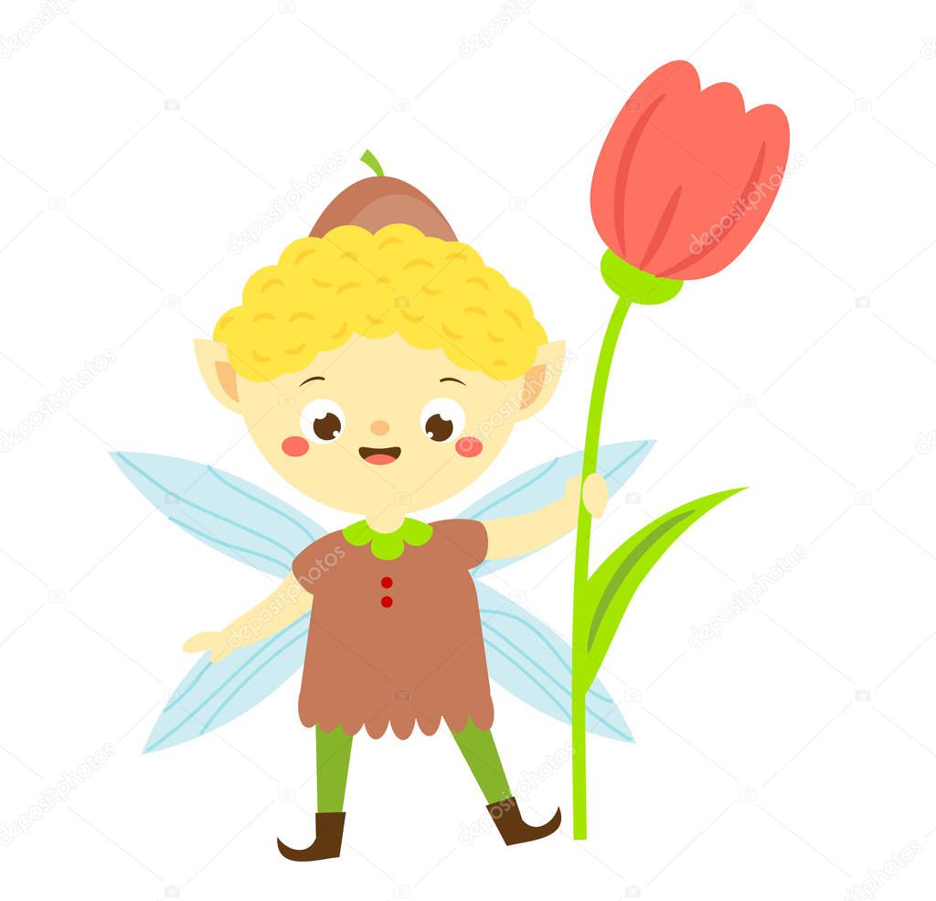 Cute garden elf boy with tulip flower. Little pixie