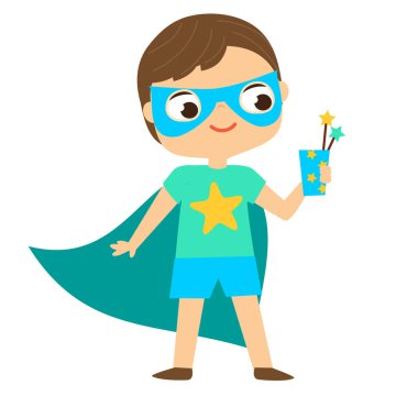 Parti çocuğu. Süper kahraman maskeli çocuk. Karikatür mutlu çocuk karakteri