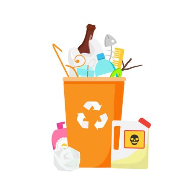 Çöp kutusu. Çöp tenekesi içinde atık var. Plastik, cam, tehlikeli ve diğer ev çöpleri