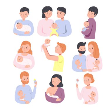 Bebekli ebeveynler. Erkek ve kadın bebek emziriyor. Yeni doğmuş küçük çocukları olan genç anne ve babalar. Mutlu aile ve ebeveyn karakterleri