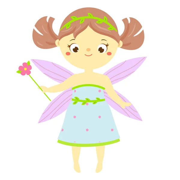 Cute fairy with flower magic wand. Cartoon little flying princess, pixie, elf fantasy character — Stock Vector