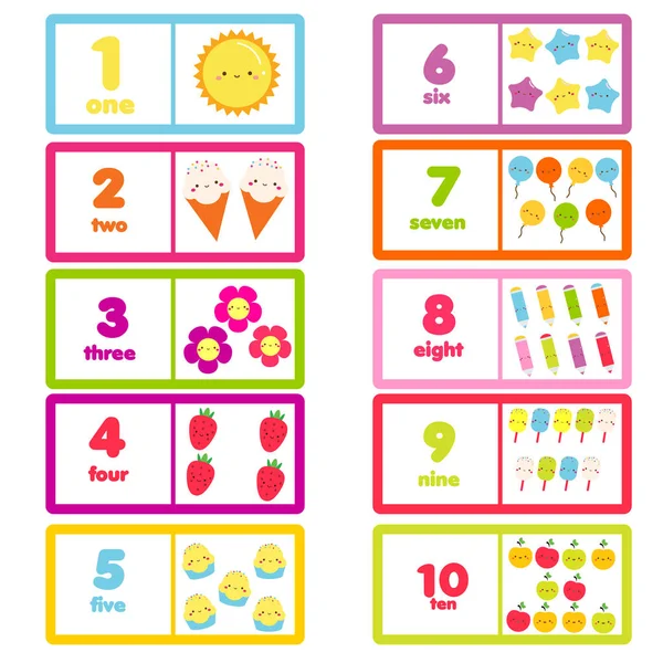 Cuenta de uno a diez. Cortar caracteres y números. Tarjeta de aprendizaje educativa para niños, niños, niños y niños. — Vector de stock