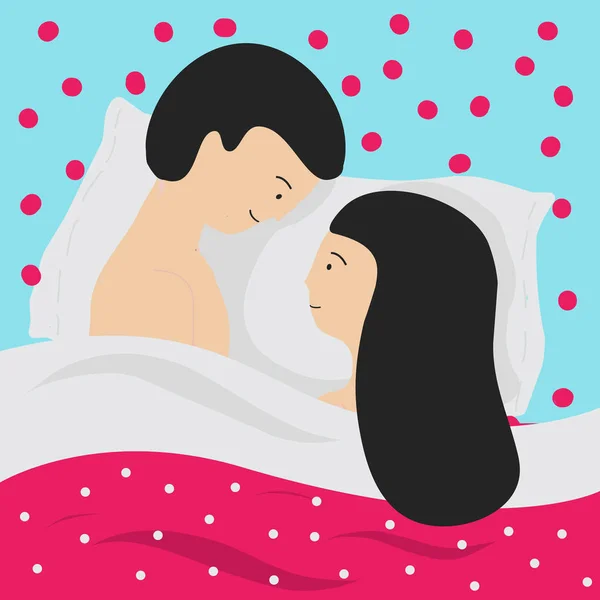 Jovem casal feliz deitado na cama apaixonado. Amantes de homens e mulheres descansando um pouco. Relações românticas, lua de mel — Vetor de Stock