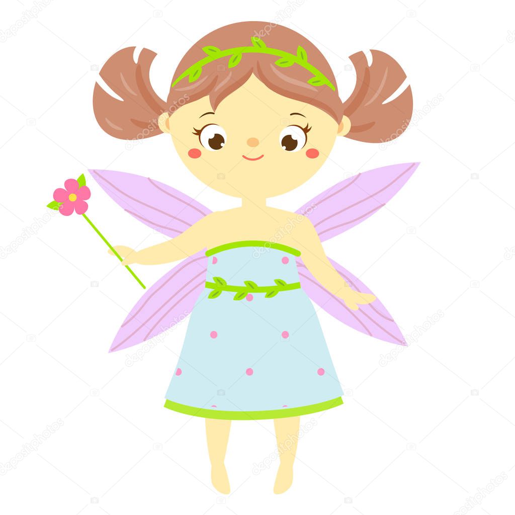 Cute fairy with flower magic wand. Cartoon little flying princess, pixie, elf fantasy character