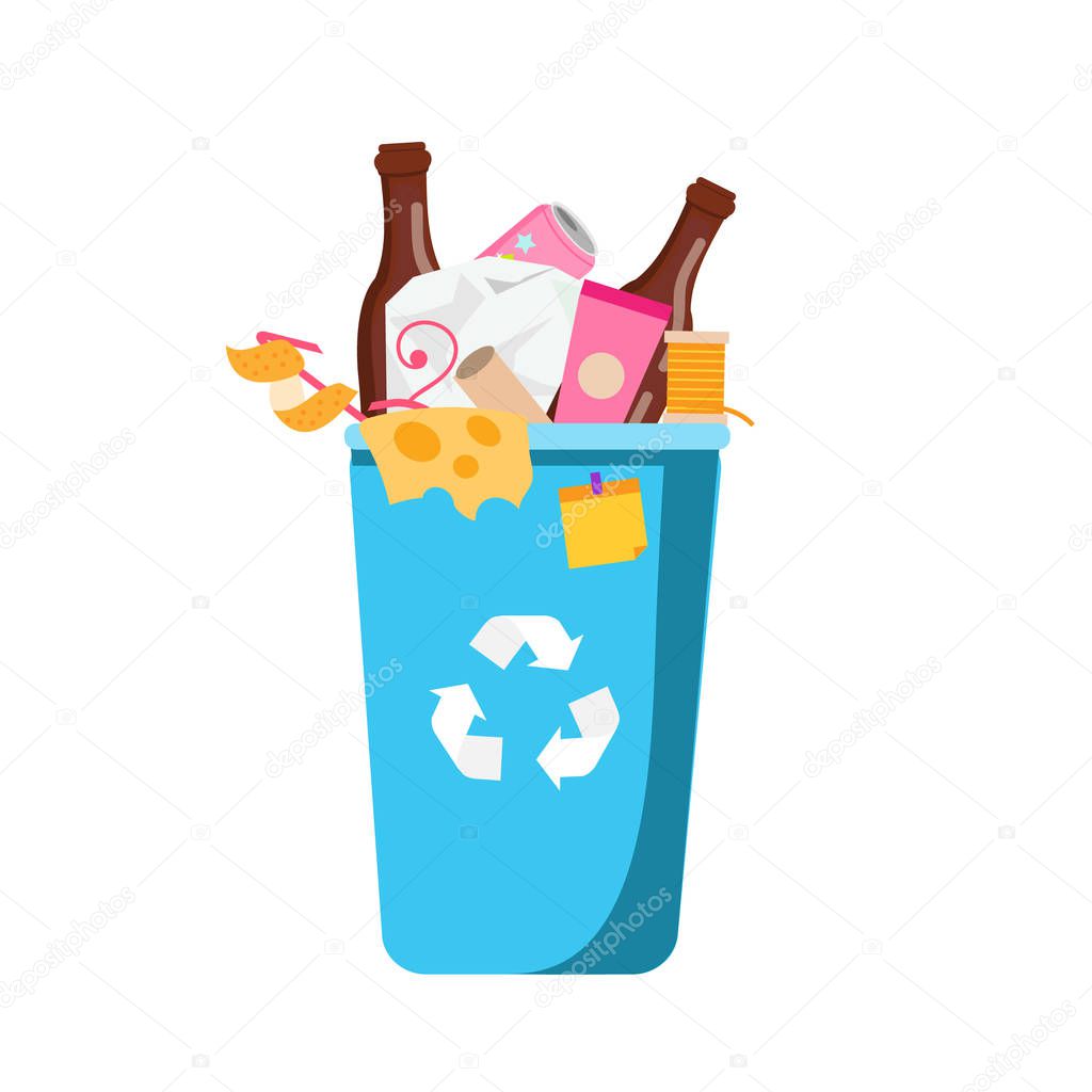 Trash bin. Blue Garbage can with different waste inside. Plastic, paper, bottles and other household rubbish