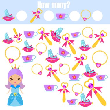 Eğitim çocuklar oyunu sayma. matematik çocuk etkinlik sayfası. Kaç nesne görev, çalışma ek