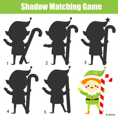 Gölge eşleştirme oyunu. Noel elf ile çocuk aktivitesi. Yeni yürümeye başlayan çocuklar için yeni yıl teması eğlenceli sayfa