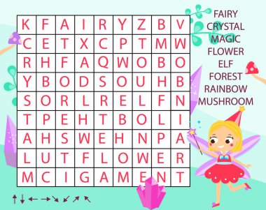 Çocuklar için eğitici bir oyun. Kelime araması çocuk aktivitesi. Peri teması. Bebekler için sözcük dağarcığı öğrenme