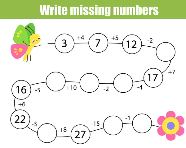 Matematyka gra edukacyjna dla dzieci. Wypełnij wiersz, napisz brakujące numery. Rozwiązać równanie i pomóc motyl znaleźć kwiat — Wektor stockowy