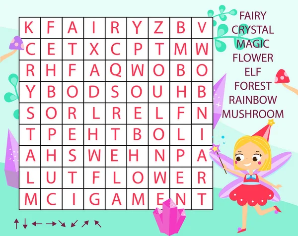 Jeu éducatif pour les enfants. Recherche de mots puzzle activité des enfants. Thème des fées. apprendre le vocabulaire pour les tout-petits — Image vectorielle