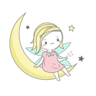 Ay 'da oturup yıldızlarla oynayan sevimli bir peri. Çocuklar için vektör illüstrasyonu Moda ve bebek tasarımı