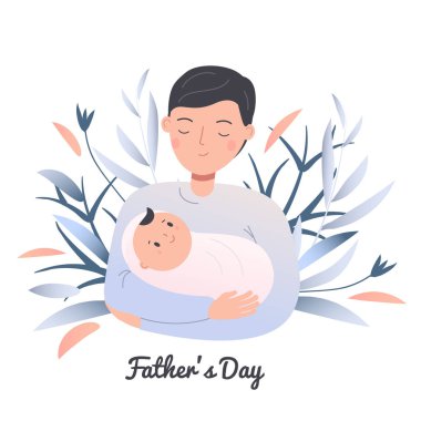 Babam uyuyan küçük bir çocuk tutuyor. Babam bebekli. Erkek hemşire bebek. Babalar günü kavramı illüstrasyon. Ebeveynlik karakteri