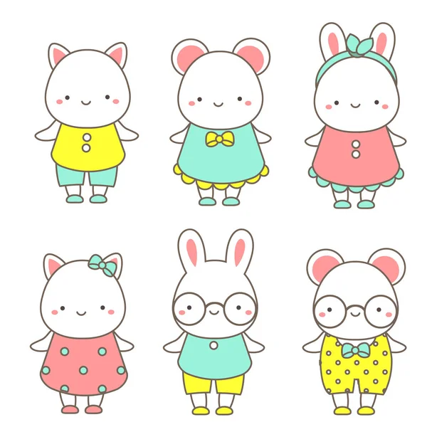 Animales lindos. Conejo Kawaii, ratón y gato. Pinza de vectores para pegatinas, iconos — Archivo Imágenes Vectoriales