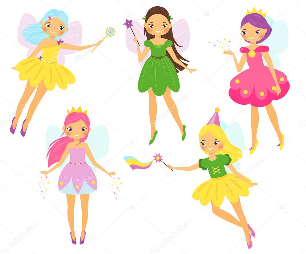 Cute fairy. Cartoon winged fairy princess flapping magic wands. Pixie, elf girl characters set