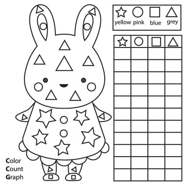 Renk, say ve grafik. Eğitici çocuklar oyunu. Renkli tavşan ve sayım şekilleri. Çocuklar ve yeni yürümeye başlayanlar için yazdırılabilir çalışma tablosu
