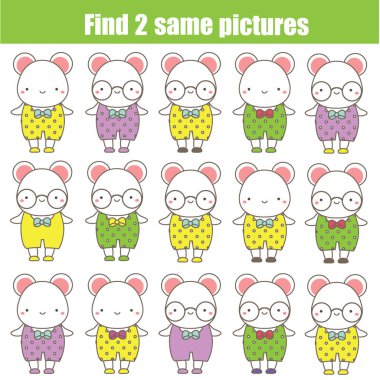 Çocuk eğitim oyunu. İki aynı resim bul. Sevimli fare