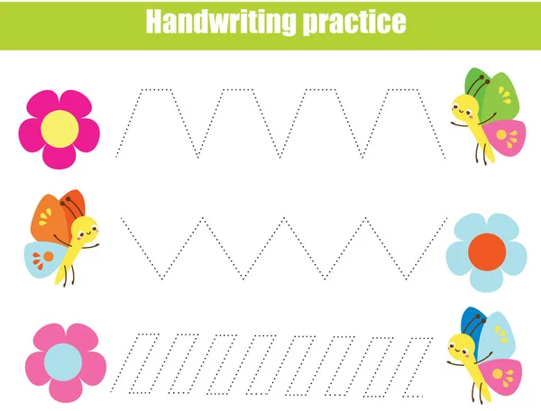 Fiche de pratique de l'écriture. Jeu éducatif pour enfants. Tracer des lignes avec des insectes drôles. feuille de travail sur l'éducation préscolaire pour enfants — Image vectorielle