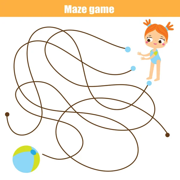 Maze game for children. Help girl find ball. Summer holidays theme activity for kids — Stock Vector