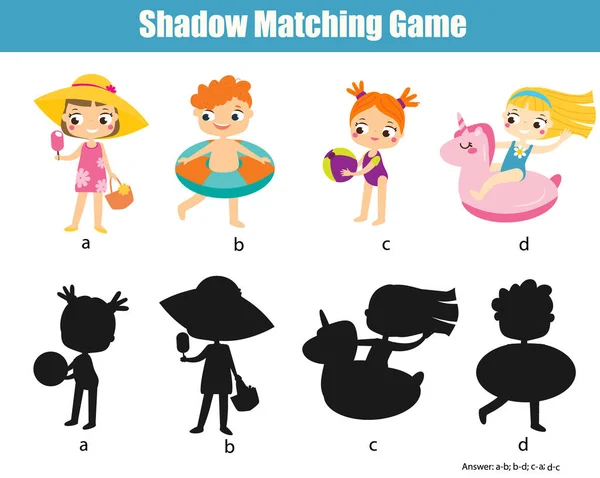 Hra pro porovnávání stínů. Dětská aktivita v tématu letní prázdniny — Stockový vektor