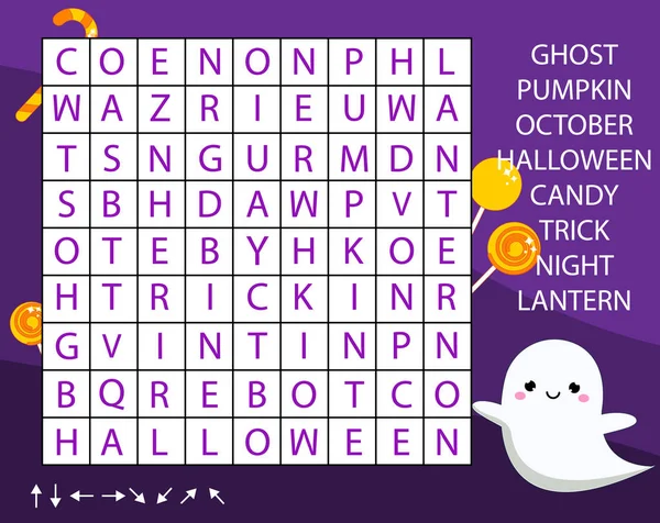 Jogo educativo para crianças. Pesquisa de palavras puzzles atividade crianças. Halloween tema aprendizagem vocabulário . — Vetor de Stock