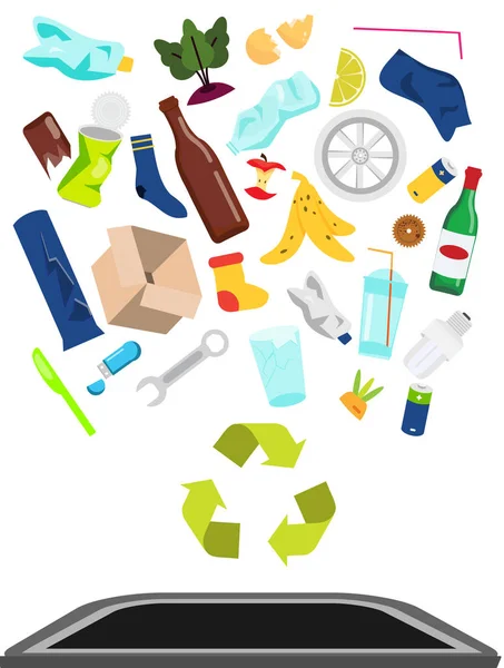 La basura y el desperdicio caen al cubo de basura. Plástico, vidrio, orgánico y otros usos domésticos de basura, reciclaje — Vector de stock