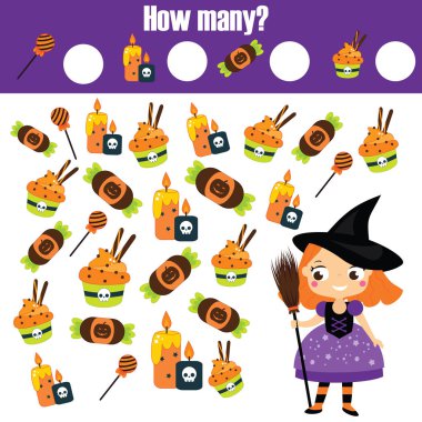 Eğitim çocuklar oyunu sayma. Matematik, sayılar, ekleme ler. Cadılar Bayramı tema çocuklar matematik etkinliği