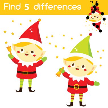 Noel Baba'nın yardımcı elfi. Farkları eğitici çocuk oyunu bulun. Çocuklar aktivite eğlenceli sayfası. Noel, Yeni Yıl teması