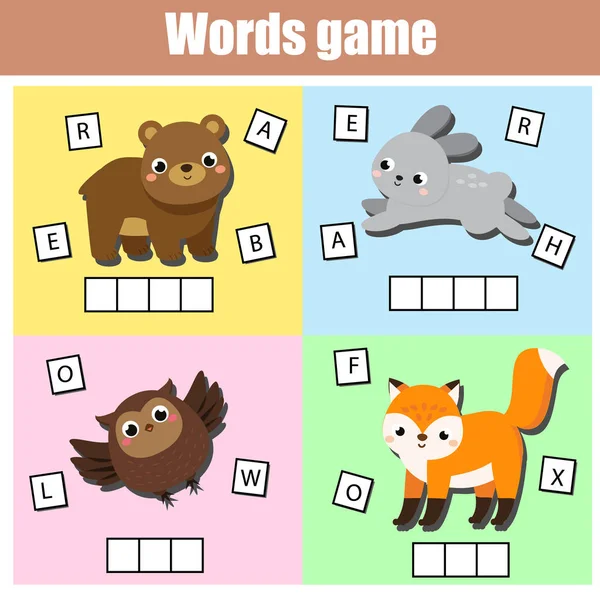 Waldtiere. Schreiben Sie fehlende Buchstaben und vollständige Wörter. Kreuzworträtsel für Kinder und Kleinkinder. Bildungsspiel für Kinder. — Stockvektor