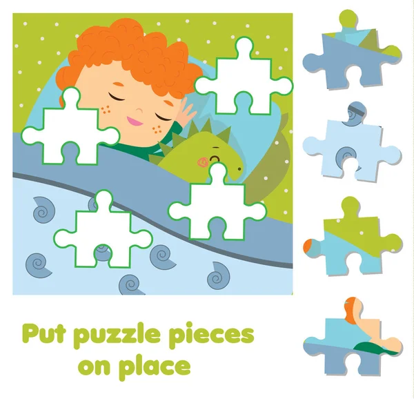 幼児のためのジグソーパズル。ピースと完全な画像を一致させます。眠っている少年子供と子供のための教育ゲーム. — ストックベクタ