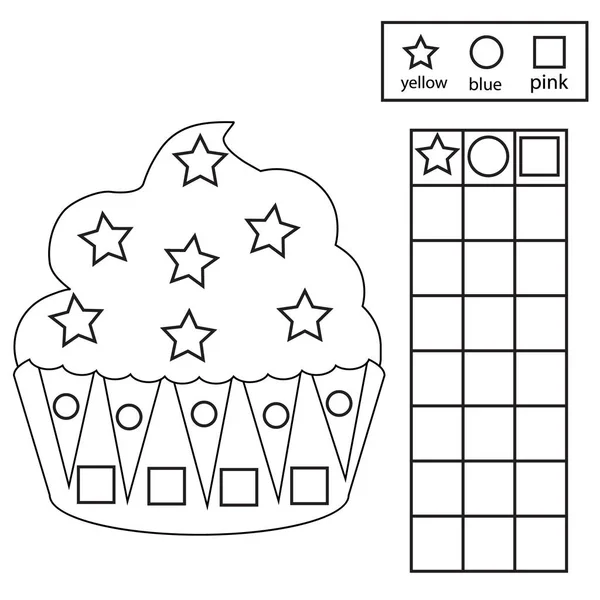 Szín, Darabszám és grafikon. Oktatási gyerekek játék. Színes Cupcake és számolás formák. Nyomtatható munkalap gyerekeknek és tipegők részére — Stock Vector