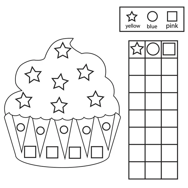Цвет, счет и график. Образовательная детская игра. Цвет кексов и подсчет форм. Печатные листы для детей и малышей — стоковый вектор