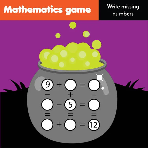 Pedagogiska spel för barn. Kompletta ekvationer. Studie subtraktion och tillägg. Halloween tema matematik kalkylblad för barn — Stock vektor