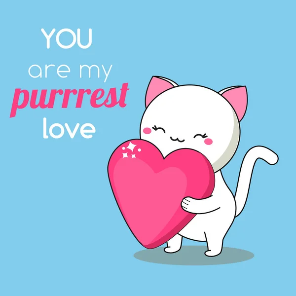 마음을 가진 만화 가와이이 고양이. 타이포그래피와 귀여운 새끼 고양이 캐릭터 당신은 내 가장 순수한 사랑입니다. 발렌타인 데이와 로맨틱 카드에 대한 그림. — 스톡 벡터