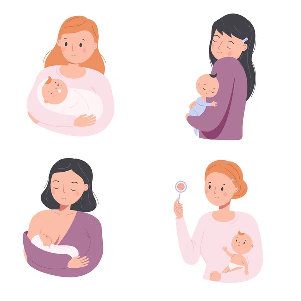 Mãe com bebés. Enfermeiras bebés. Mães jovens e crianças pequenas. Personagens parentais felizes. Conceito de maternidade — Vetor de Stock