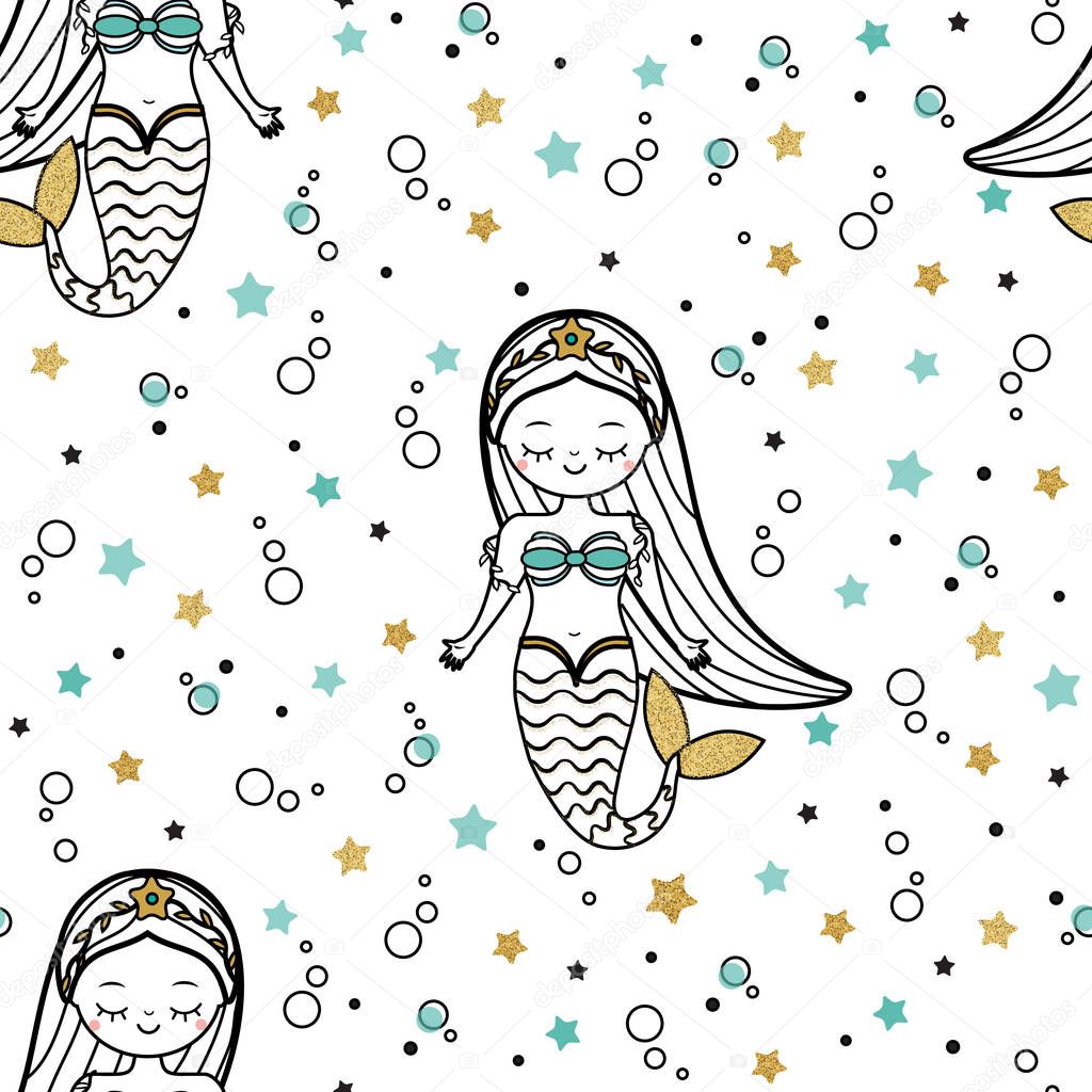 Mermaid seamless pattern. Cute mermaid princess background for textile, wallpaper and other design