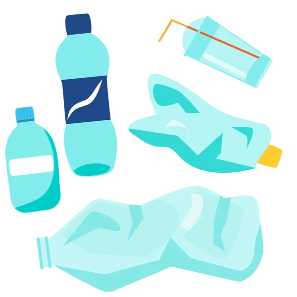 Пластиковые отходы. Бутылки, стаканы и прочий мусор и мусор — стоковый вектор