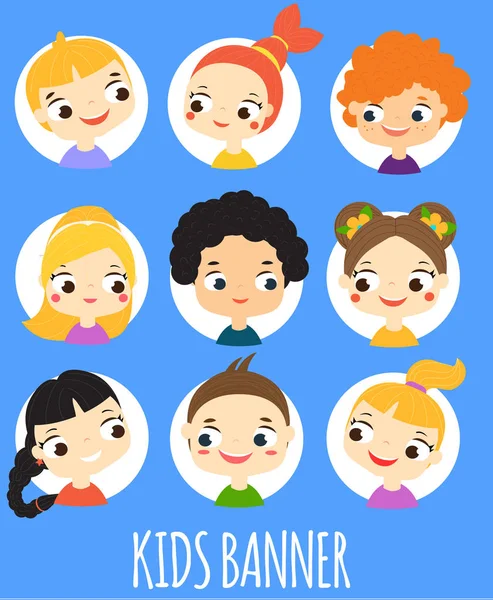 Banner de crianças com rostos de crianças de desenhos animados. Avatares coloridos de meninos e meninas. Modelo para folheto, banner —  Vetores de Stock
