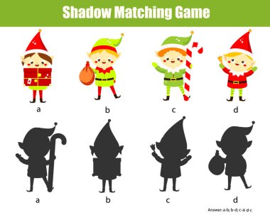 Gölge eşleştirme oyunu. Noel Noel Baba elfleri ile çocuklar aktivite. Yeni yürümeye başlayan çocuklar için yeni yıl teması eğlenceli sayfa