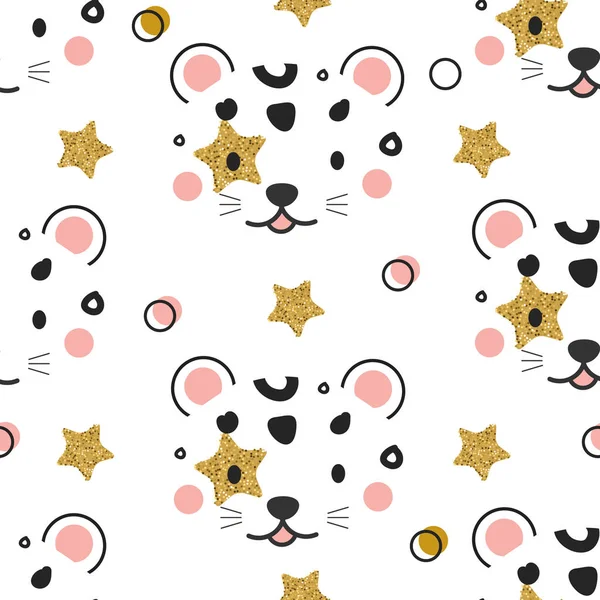 Seamless pattern with leopard face. Jungle animal in scandinavian style. Background for kids fashion prints and children design — Stock Vector