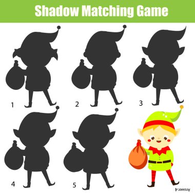 Gölge eşleştirme oyunu. Noel elf ile çocuk aktivitesi. Yeni yürümeye başlayan çocuklar için yeni yıl teması eğlenceli sayfa