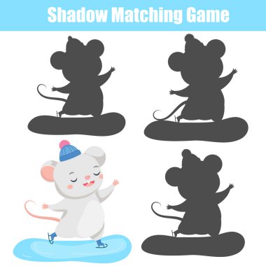 Gölge eşleştirme oyunu. Karikatür fare ile çocuk etkinliği. Küçük çocuklar için Witner tema eğlenceli sayfa